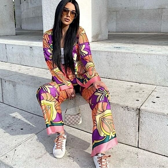 SALE 🔥 ZARA Shirt & Pants Set Geometric Print 2 Piece Matching Pant & Top - Picture 10 of 16